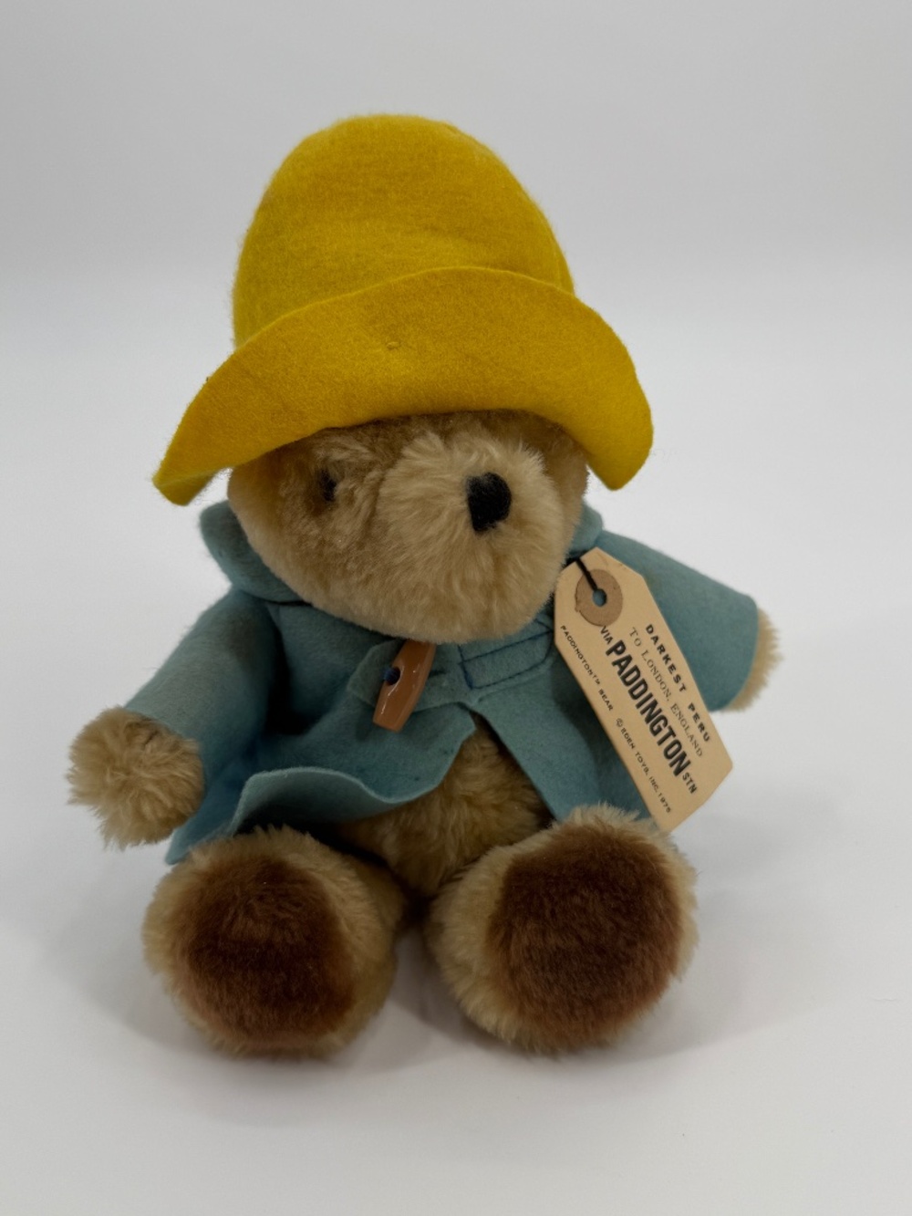 Vintage 1975 Eden Toys Paddington Bear Plush Yellow Hat Blue Coat Paper Tag
